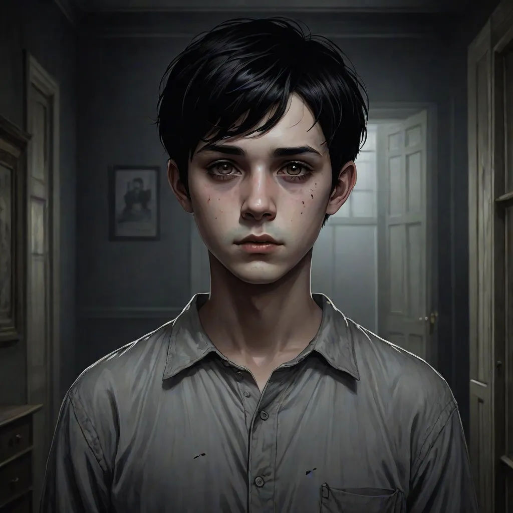 a man with a creepy look on his face in a dark room with a door open to another room, sots art, a character portrait, Aaron Jasinski, stanley artgerm lau
