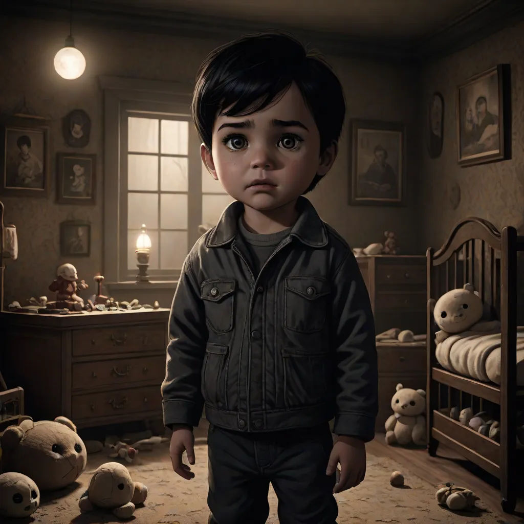 a child standing in a room with stuffed animals on the floor and a teddy bear on the floor in the corner, photorealism, a detailed matte painting, Eddie Mendoza, promotional image