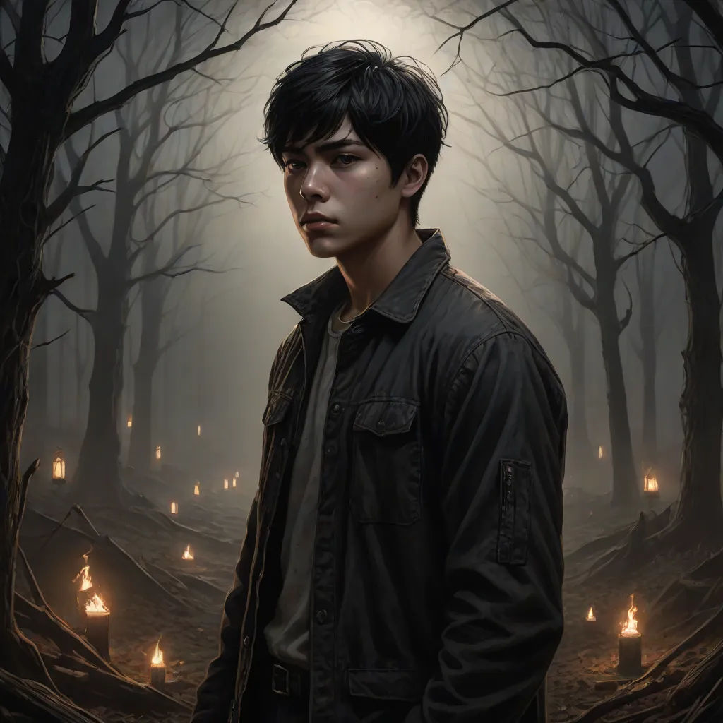 a man standing in a forest with candles in the trees behind him and a full moon in the sky, altermodern, a character portrait, David Park, key art