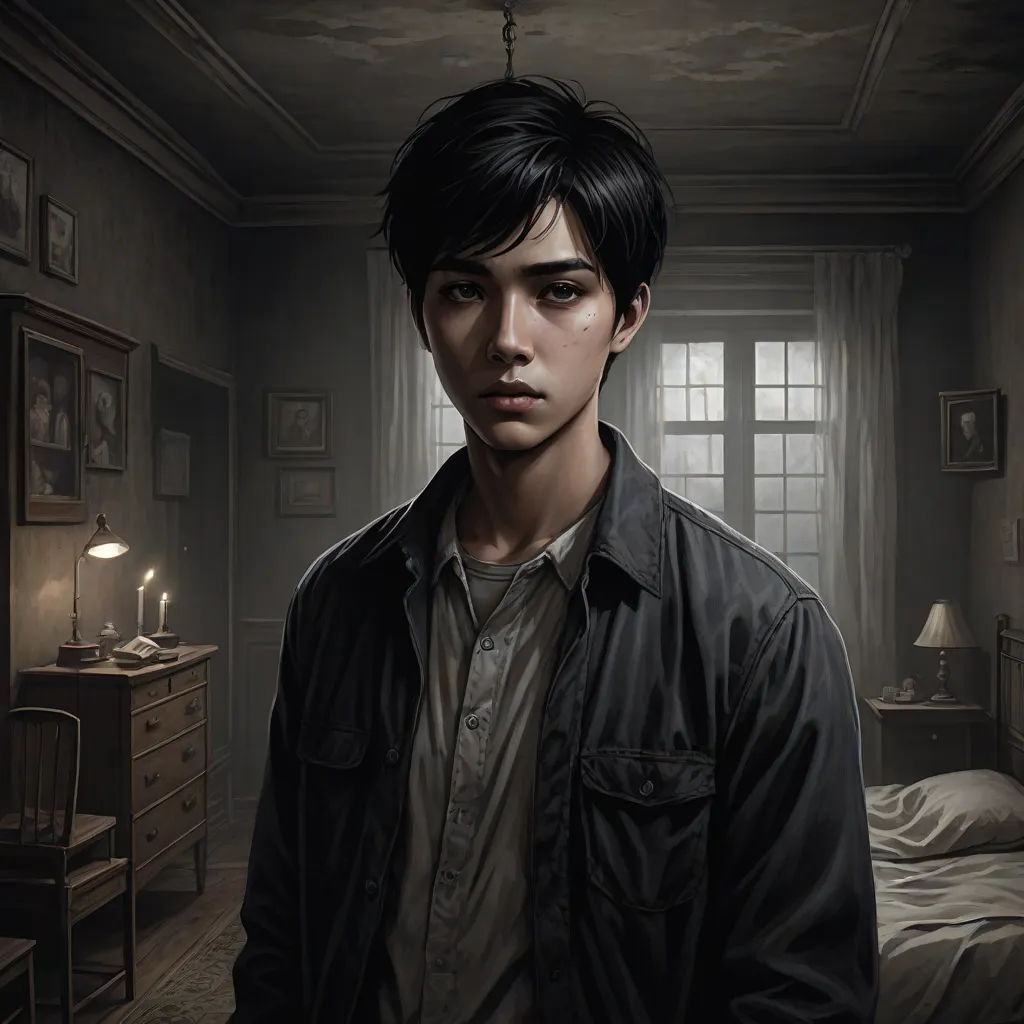 a man standing in a dark room next to a bed and a desk with a lamp on it and a window, photorealism, a character portrait, Bian Jingzhao, stanley artgerm lau