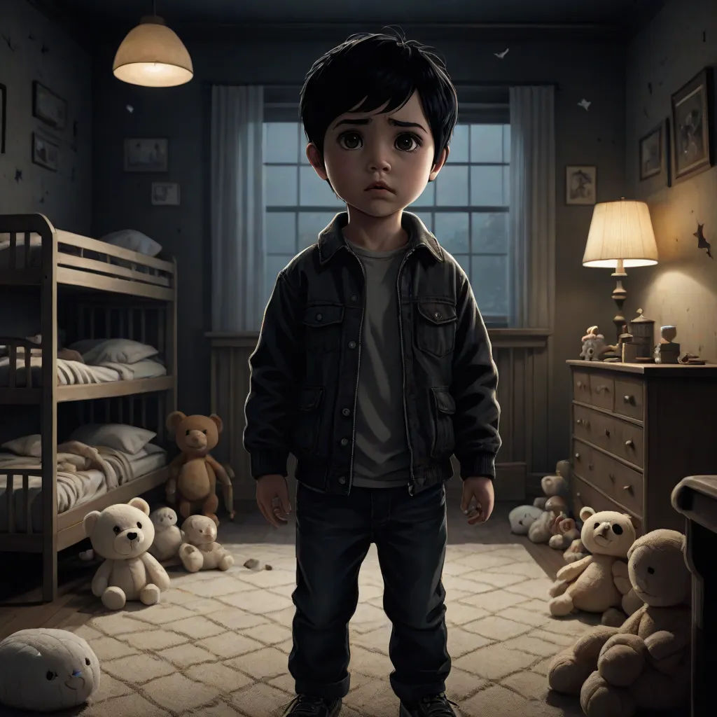 a boy standing in a room with stuffed animals and a lamp on the floor and a teddy bear on the floor, photorealism, a detailed matte painting, Diego Gisbert Llorens, highly detailed digital painting
