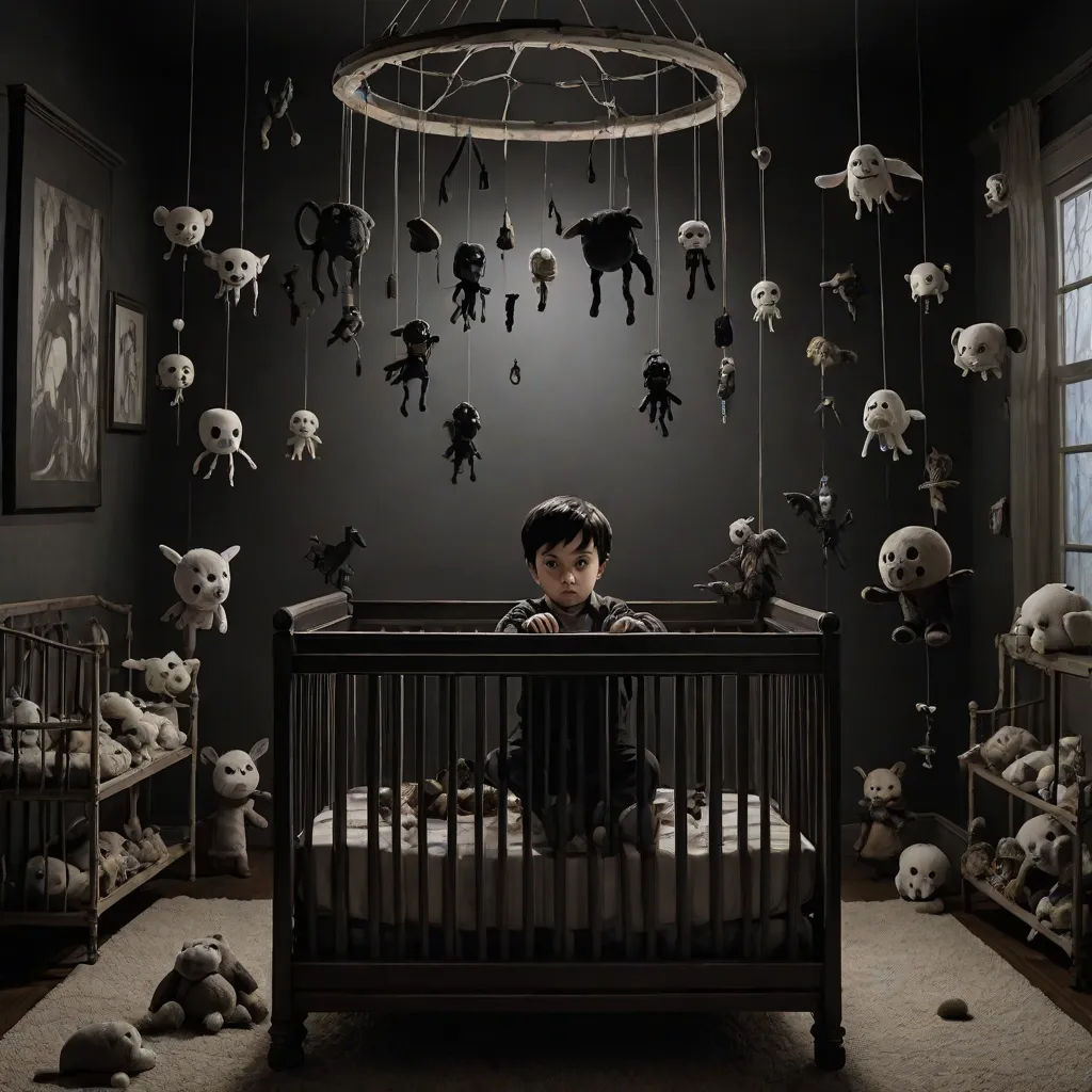 a child in a crib surrounded by stuffed animals and skulls hanging from the ceiling of a dark room, gothic art, poster art, Dirk Crabeth, dark art