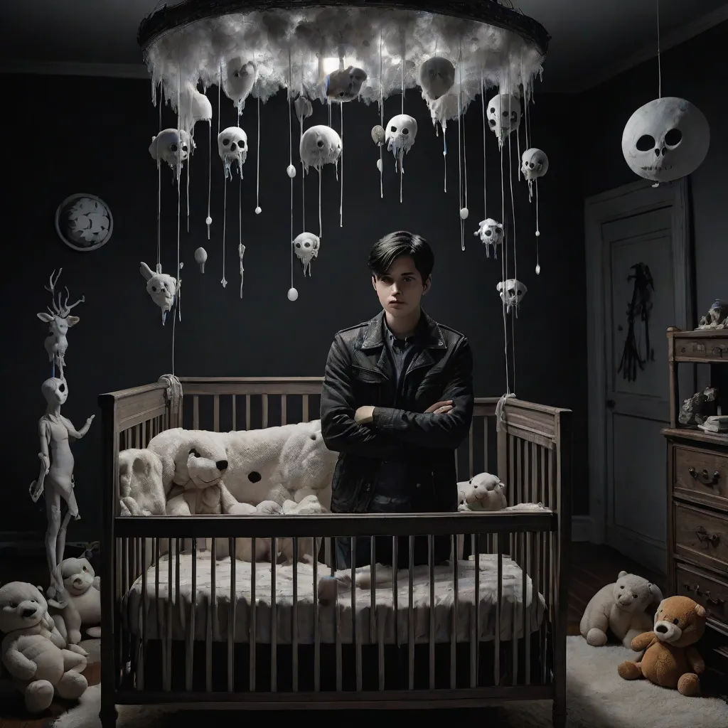 a man standing in a room with a crib and a bunch of stuffed animals hanging from the ceiling, vanitas, poster art, Arthur Pan, promotional image