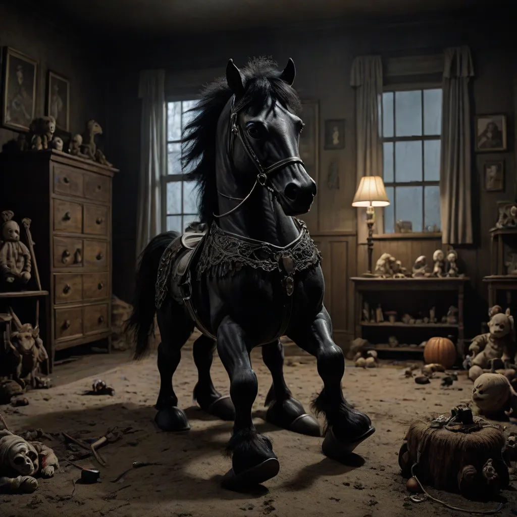a horse standing in a room with a lamp on the floor and a dresser in the background with a stuffed animal on the floor, shock art, a storybook illustration, Chris LaBrooy, promotional image