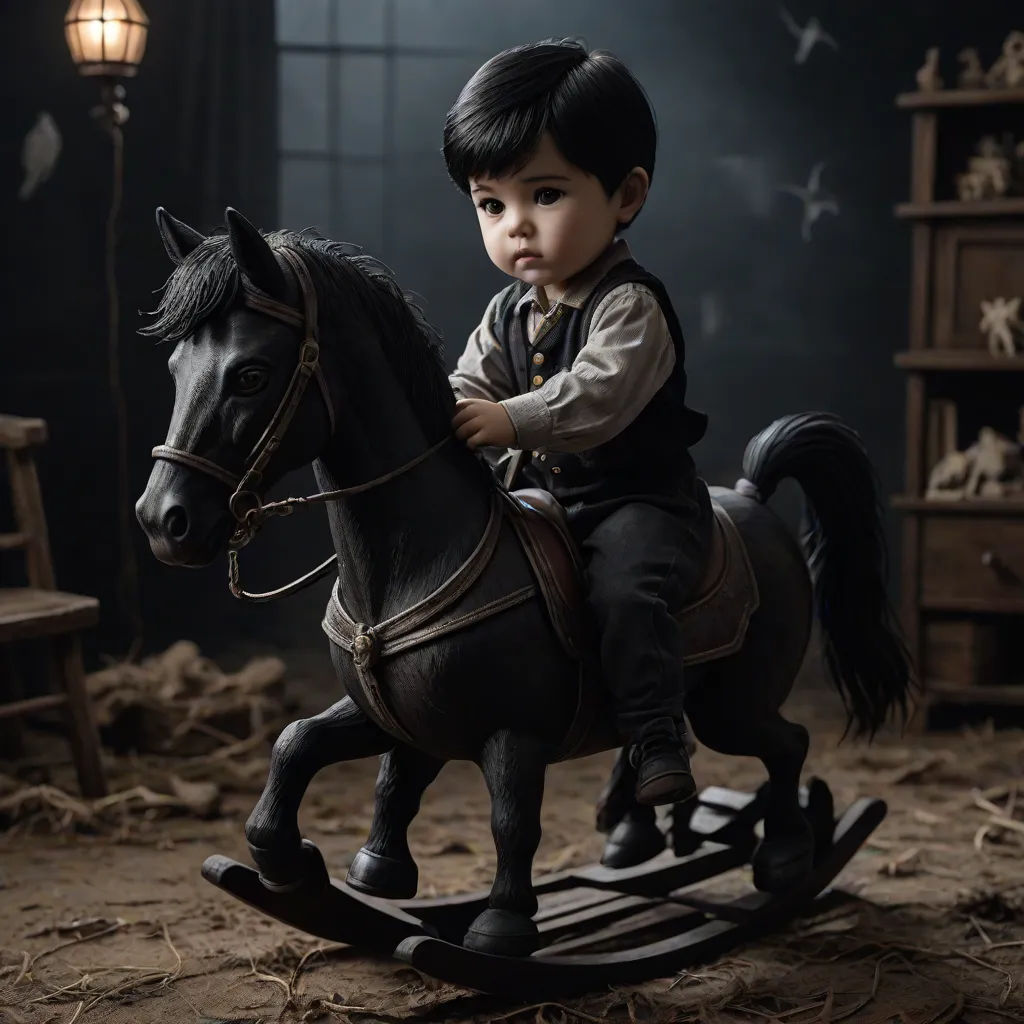 a young boy riding a rocking horse in a room with a lamp on the wall and a bookcase, art photography, a photorealistic painting, Diego Gisbert Llorens, cinematic photography