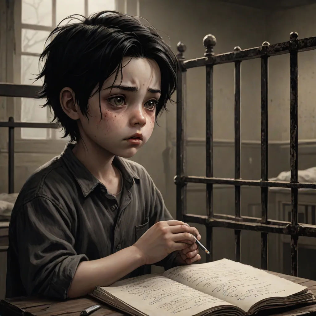 a young boy sitting at a desk with a book and pen in his hand and a jail cell behind him, sots art, a storybook illustration, Bastien L. Deharme, cushart krenz