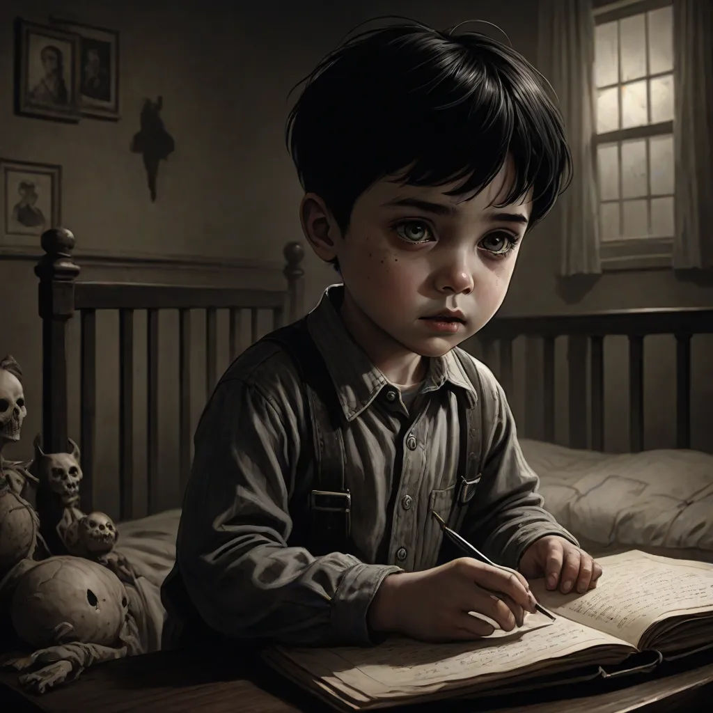 a young boy sitting at a table with a book and pen in his hand and a creepy doll in the background, gothic art, a storybook illustration, Aaron Jasinski, dark art