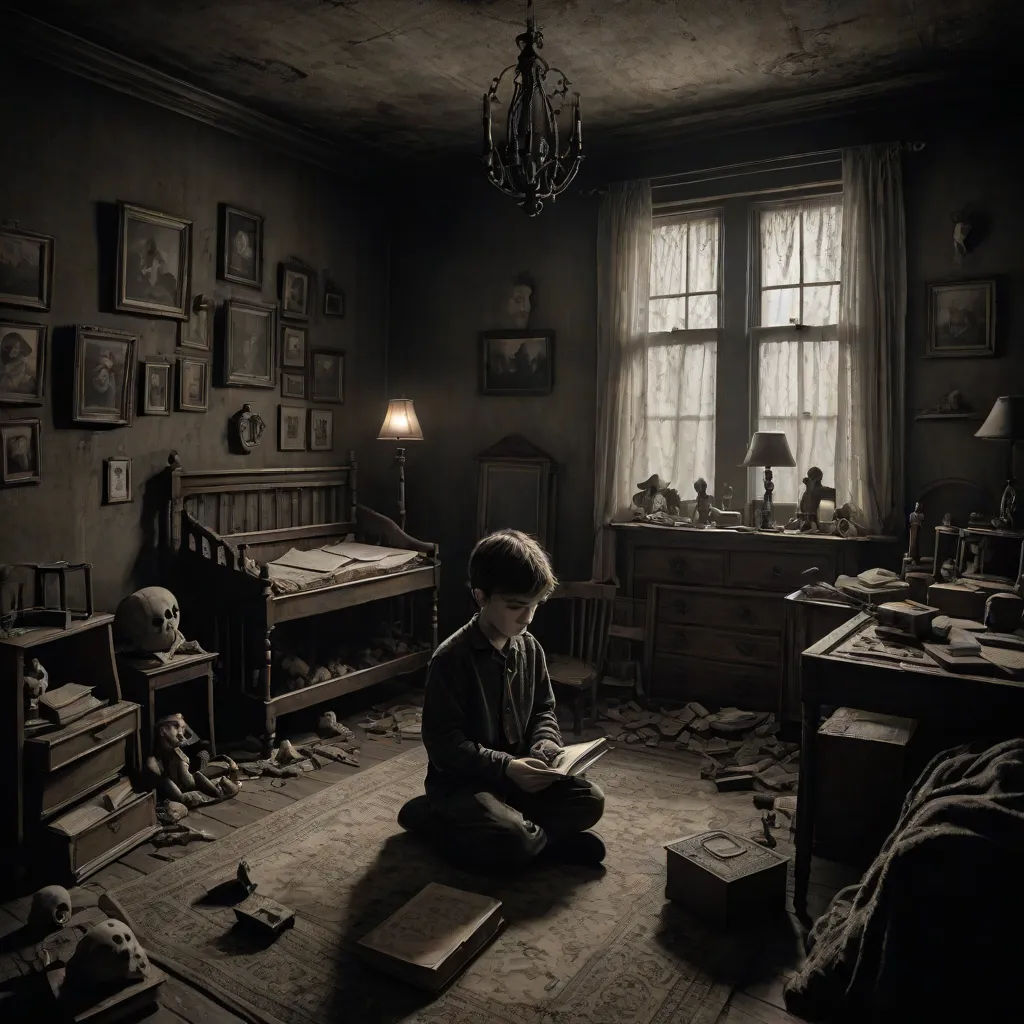 a young boy sitting on the floor in a dark room with a book in his hands and a teddy bear on the floor, art photography, a detailed matte painting, Alexander Jansson, cinematic photography