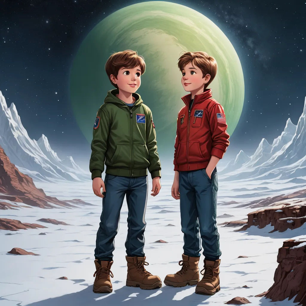 two boys standing in the snow in front of a giant green planet with a green moon in the background, space art, a storybook illustration, Barclay Shaw, official art