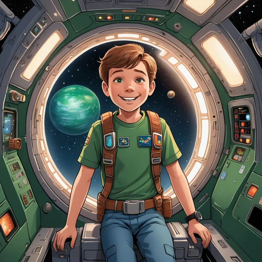 a man sitting in a space station with a green shirt and a green shirt on and a green space suit, space art, a storybook illustration, Aaron Jasinski, comic cover art