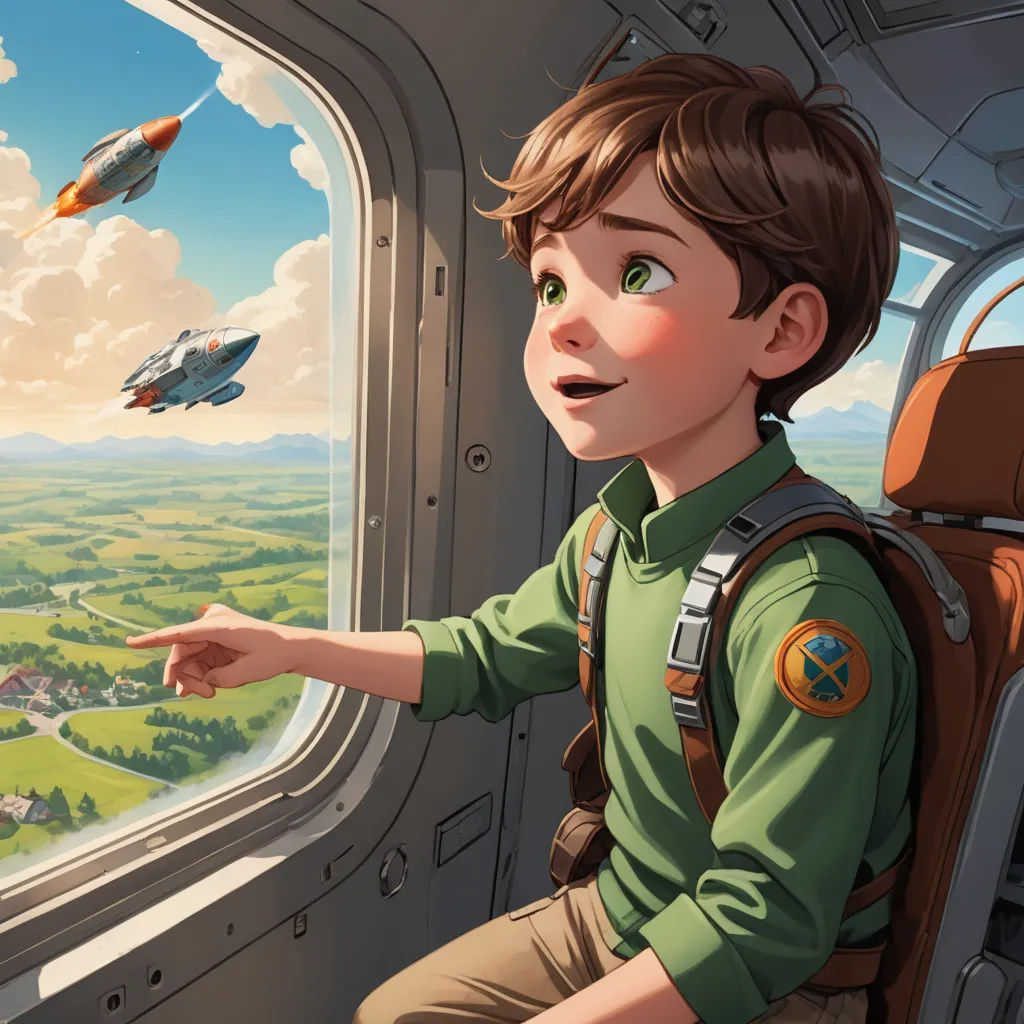a boy in a green shirt looking out a window at a plane with a bunch of jets flying overhead, space art, a storybook illustration, Aaron Jasinski, trending on art station