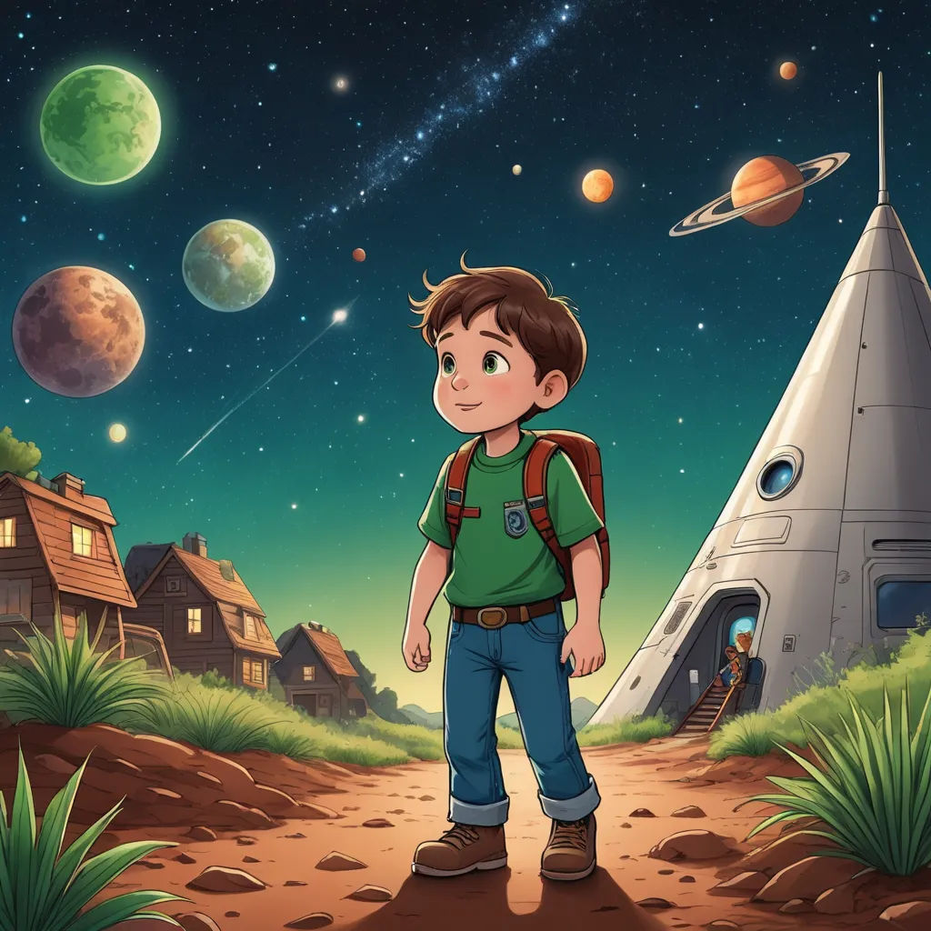 a boy standing in front of a space station with a rocket and a house in the background with planets, space art, a storybook illustration, Diego Gisbert Llorens, promotional image