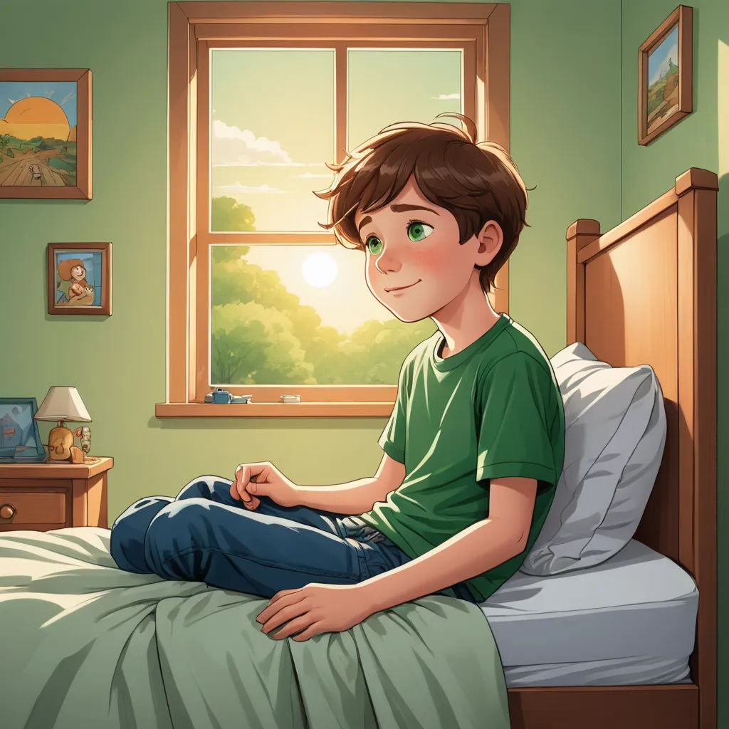 a boy sitting on a bed in a green room with a window and a green wall and a green wall, american scene painting, a storybook illustration, Aaron Jasinski, rossdraws global illumination