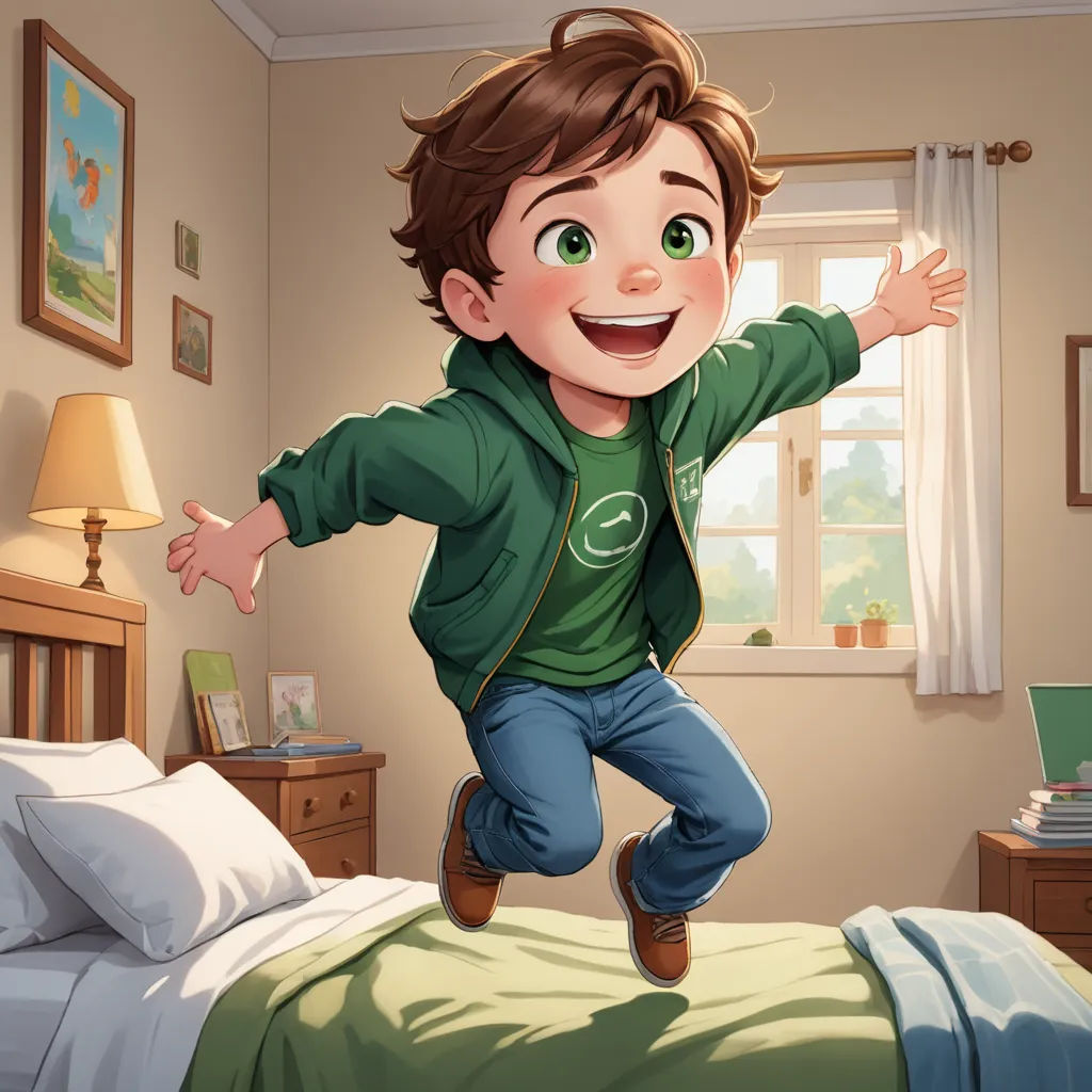 a boy jumping on a bed in a bedroom with a window and a lamp on the side of the bed, sots art, a storybook illustration, Everett Warner, official art