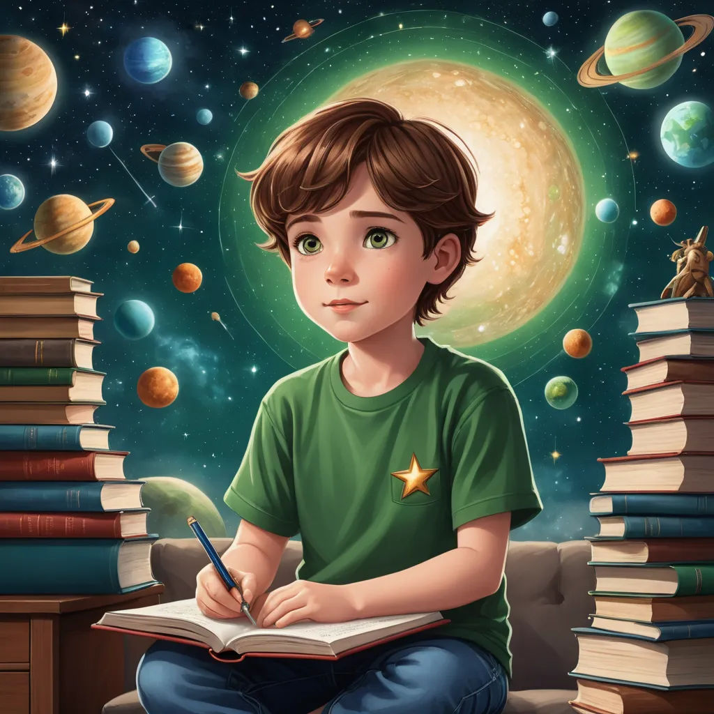a boy sitting on a chair with a book and pen in his hand and a space background with planets, space art, a storybook illustration, Diego Gisbert Llorens, space