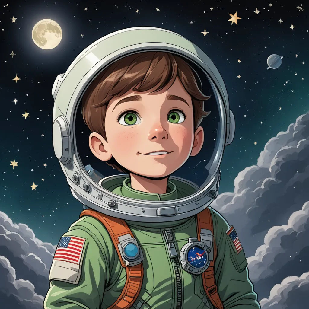 a boy in a space suit with a full moon in the background and clouds in the foreground, with a full moon in the background, space art, a storybook illustration, Aaron Jasinski, rossdraws global illumination