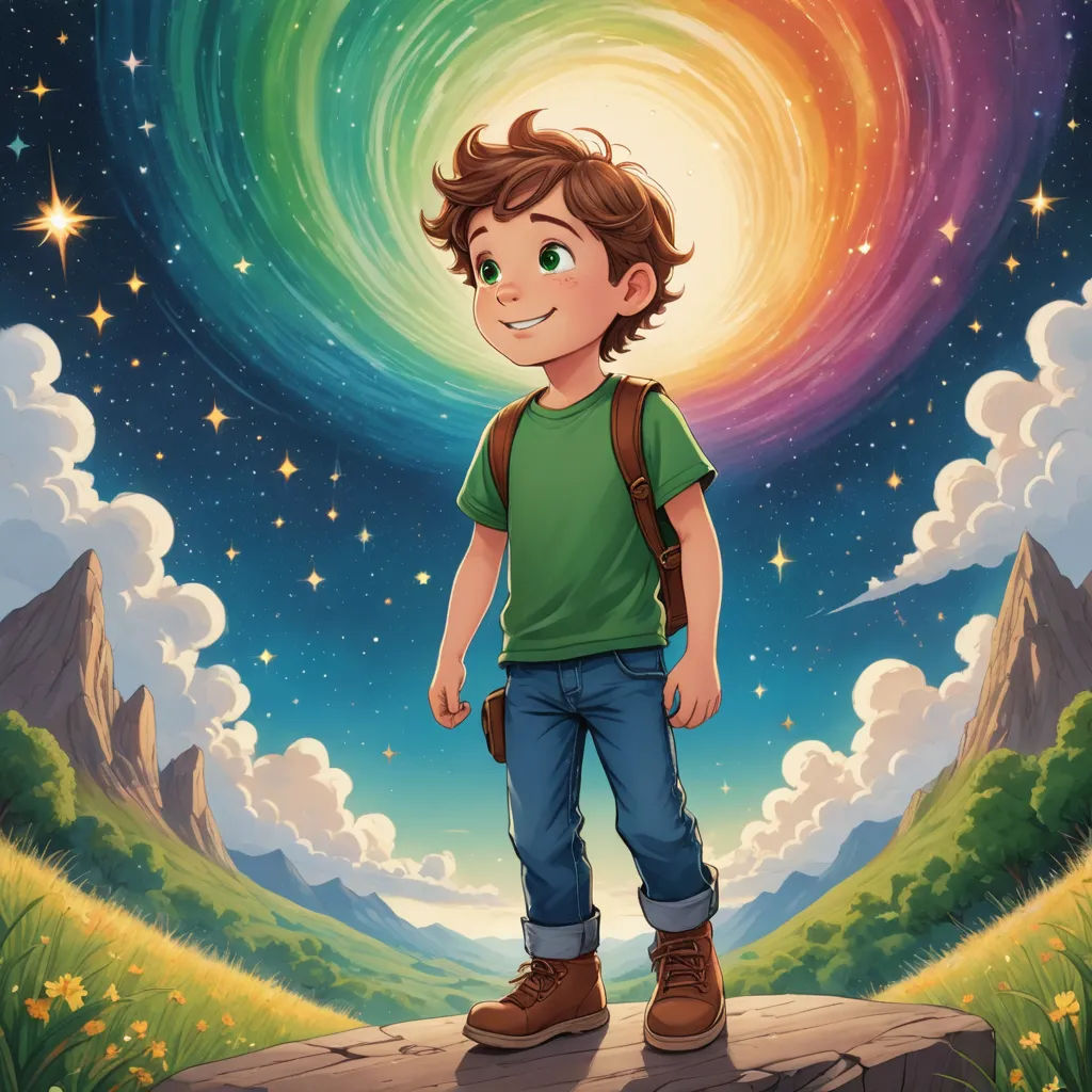 a boy standing on a rock in front of a rainbow colored sky and stars above him with a backpack, space art, a storybook illustration, Aaron Jasinski, official art