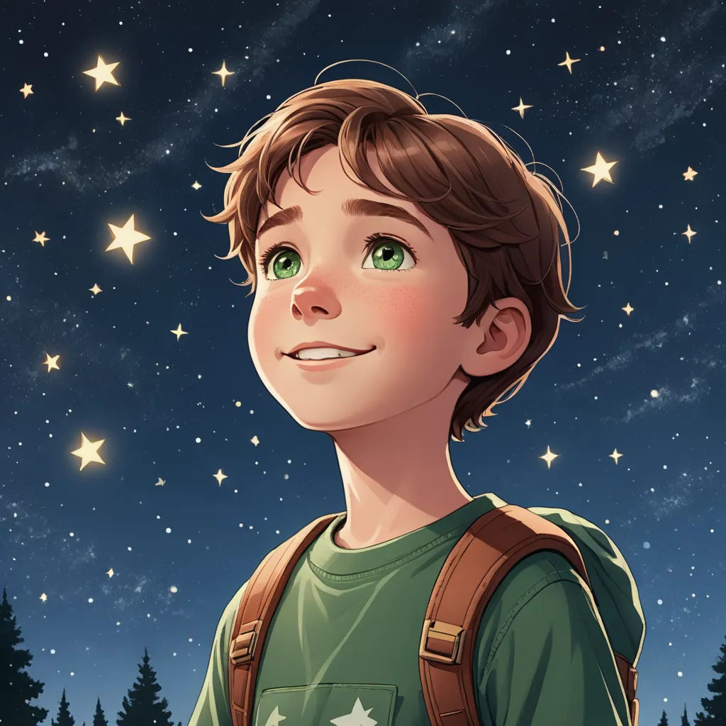 a boy with a backpack looking up at the stars in the sky above him, with a forest in the background, space art, a storybook illustration, Aaron Jasinski, stars
