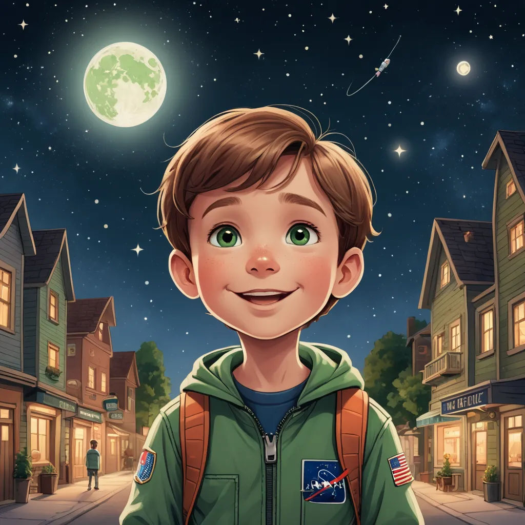a boy in a green jacket standing in front of a street at night with a full moon in the sky, space art, a storybook illustration, Aaron Jasinski, trending on art station