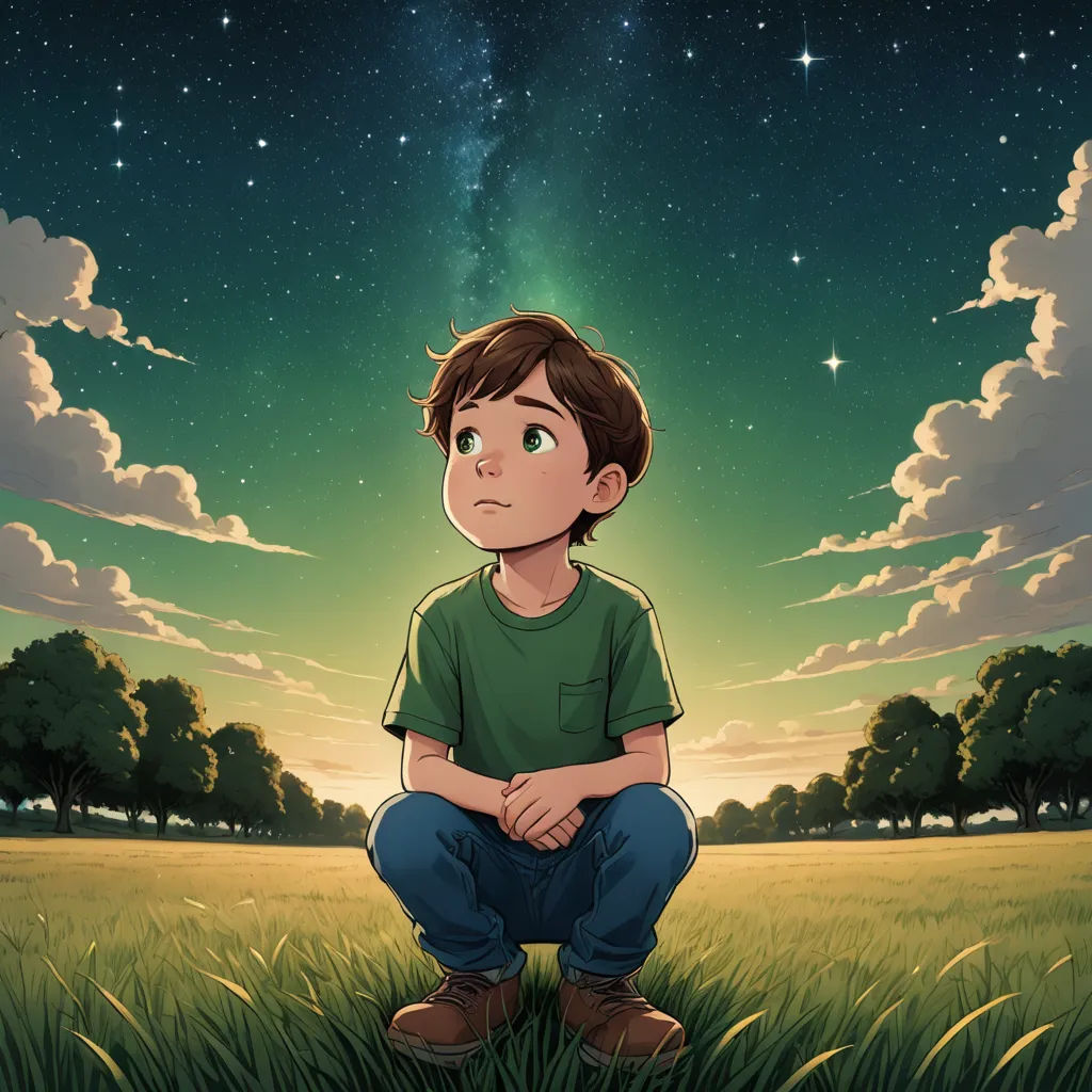 a boy sitting in the grass looking up at the sky with stars above him and a field of grass below, space art, a storybook illustration, Aaron Jasinski, yukito kishiro