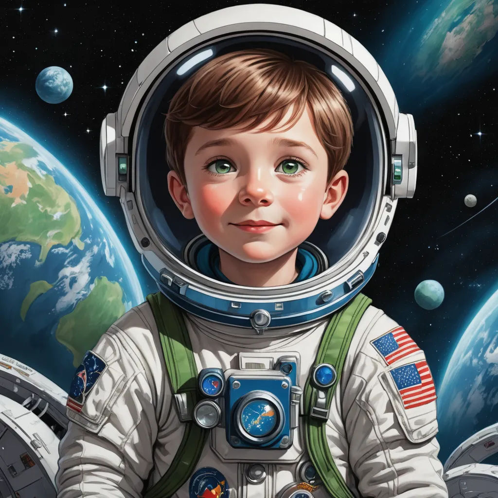 a painting of a boy in a space suit with a planet in the background and a blue sky with stars, space art, an ultrafine detailed painting, Aaron Jasinski, highly detailed digital painting
