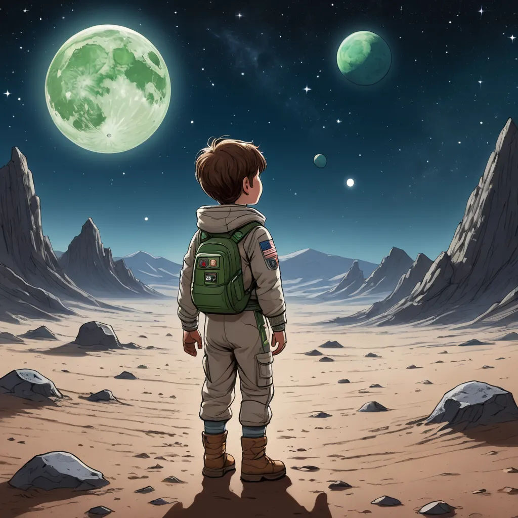 a boy in a space suit looking at the moon and stars in the sky above him, with a mountain range in the background, space art, a storybook illustration, Asaf Hanuka, highly detailed digital painting