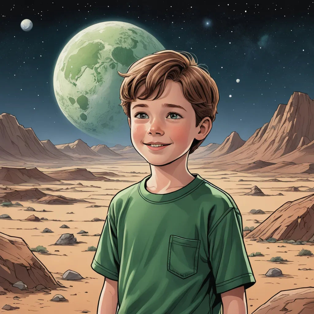 a boy in a green shirt standing in a desert area with a full moon in the background and a mountain range in the foreground, space art, a storybook illustration, Barclay Shaw, comic cover art