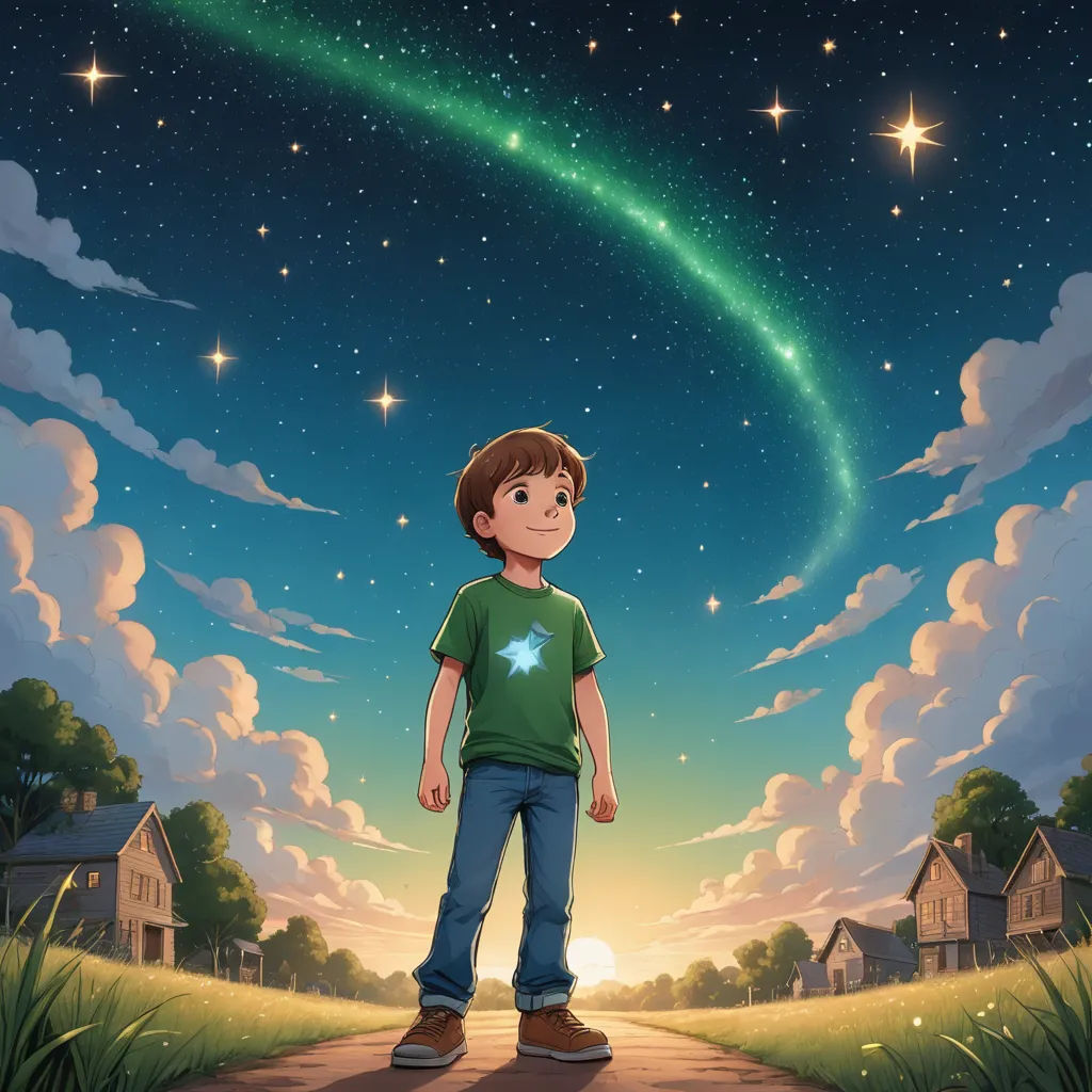 a boy standing on a road in front of a green comet in the sky above a small town and a green field, space art, a storybook illustration, Aaron Jasinski, official art