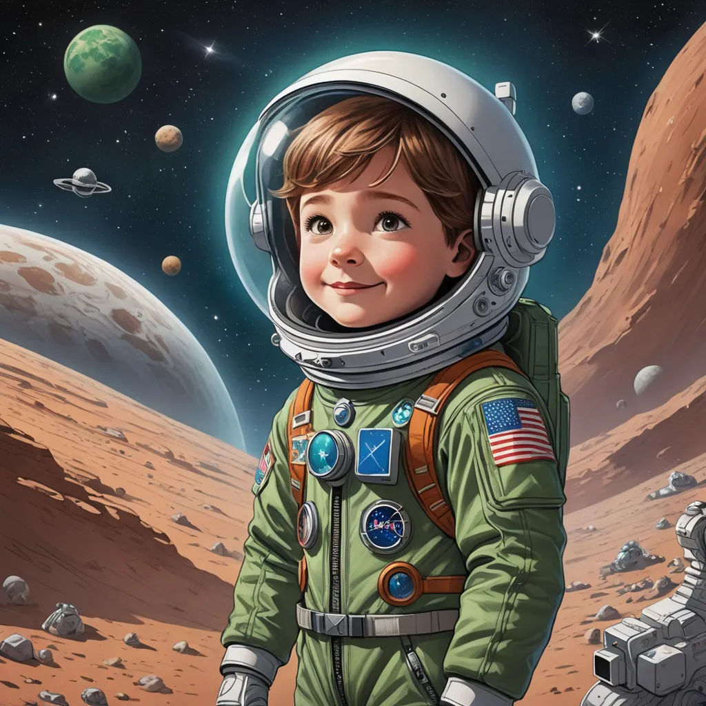 a boy in a space suit standing in front of a planet with a rocket in the background and a space shuttle in the foreground, space art, a storybook illustration, Aaron Jasinski, highly detailed digital painting