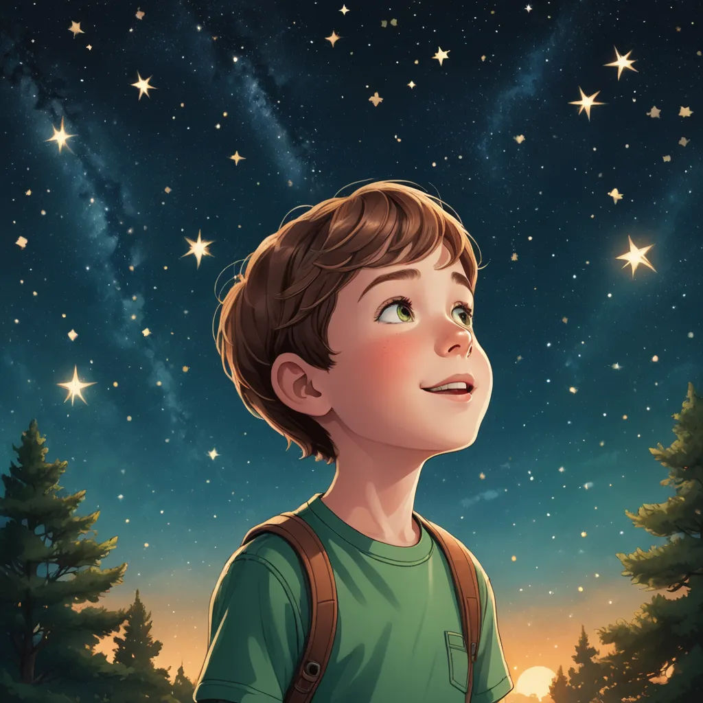 a boy looking up at the stars in the sky above him, with a backpack on his shoulder, and a backpack on his shoulder, space art, a storybook illustration, Aaron Jasinski, trending on art station