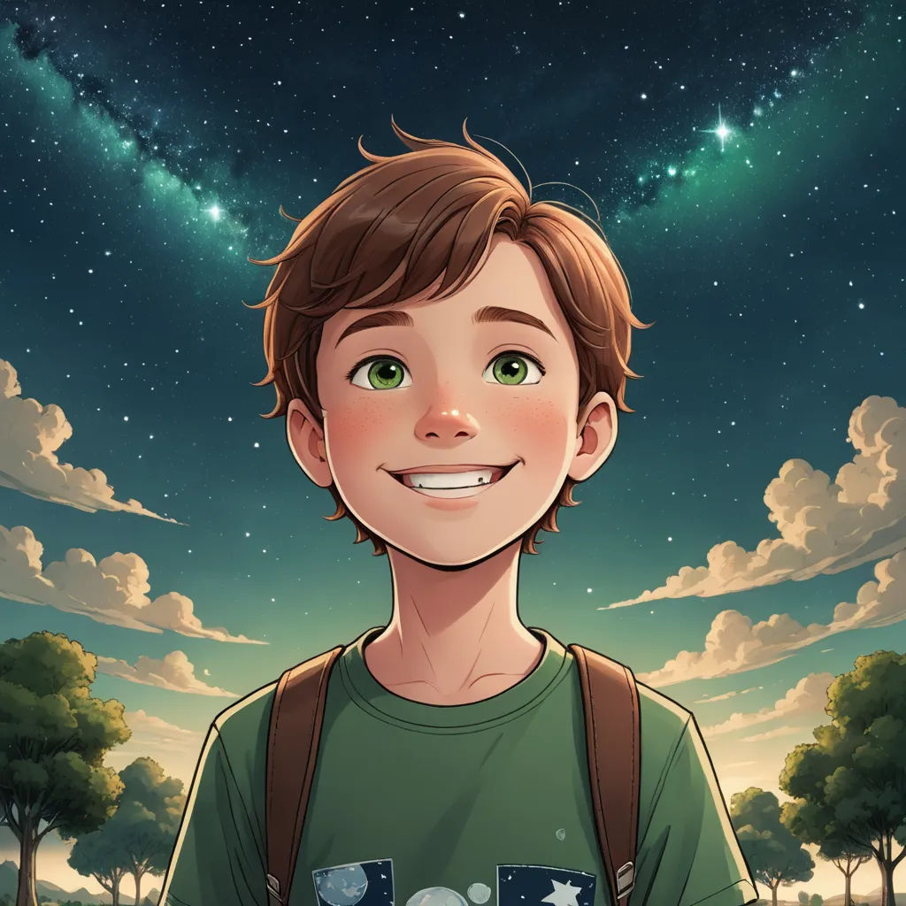 a boy with a backpack is smiling at the camera with a sky background and stars above him, and a tree and a field below him, space art, a character portrait, Cedric Seaut (Keos Masons), rossdraws global illumination