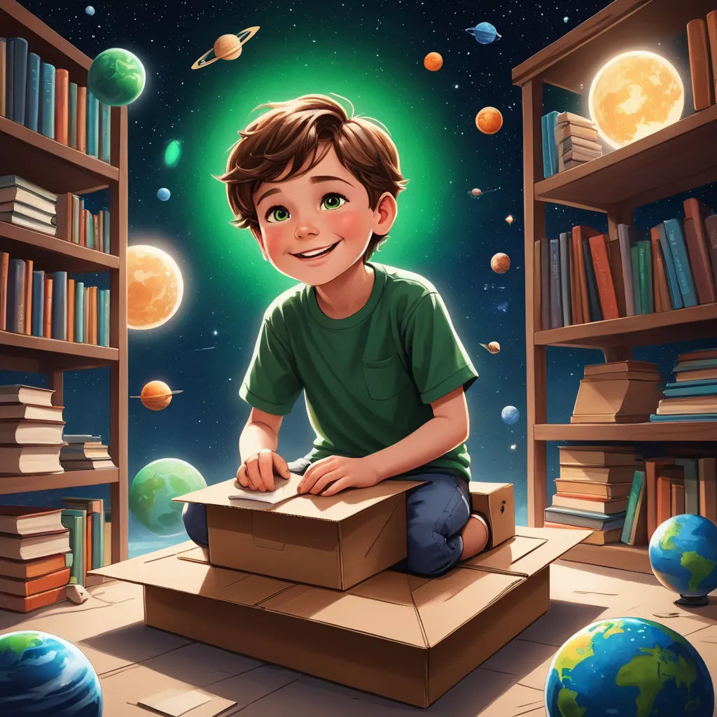 a boy sitting on a box in a library with books and planets around him and a green light shining on the bookshelf, space art, a storybook illustration, Aaron Jasinski, rossdraws global illumination