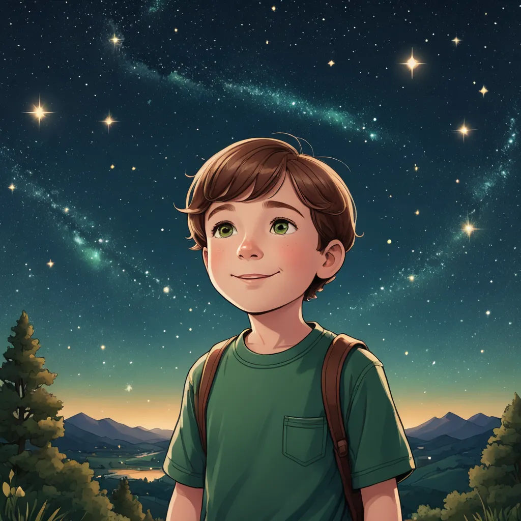 a boy with a backpack standing in front of a night sky with stars and a mountain in the background, space art, a storybook illustration, Diego Gisbert Llorens, storybook illustration
