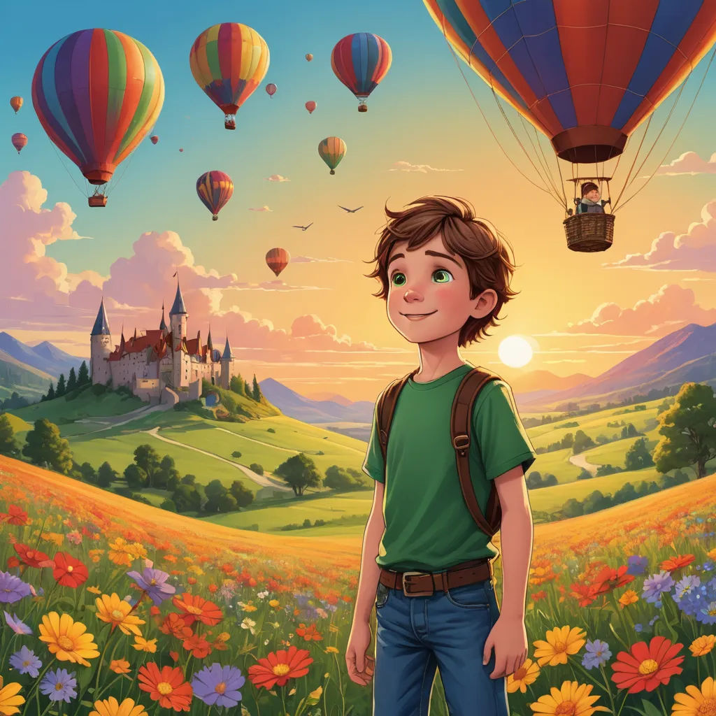a boy standing in a field with hot air balloons flying over him and a castle in the background with a sunset, magical realism, a storybook illustration, Aaron Jasinski, storybook illustration