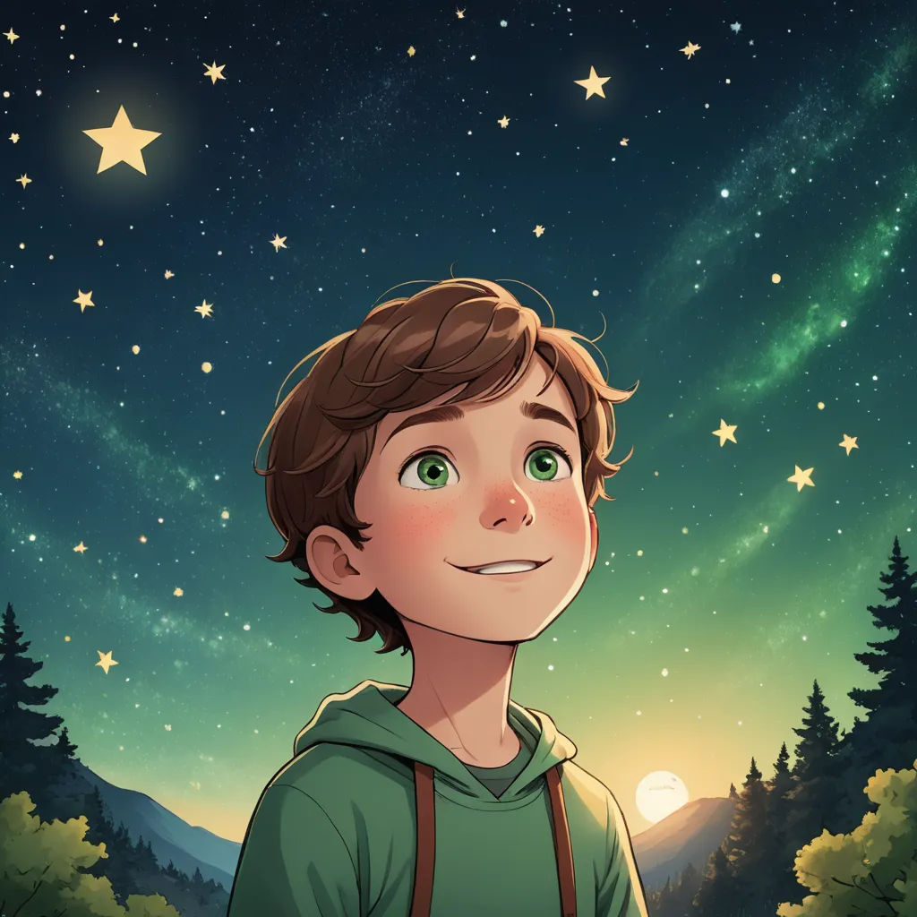 a boy in a green hoodie is looking up at the stars in the sky above him and trees, space art, a character portrait, Atey Ghailan, stars