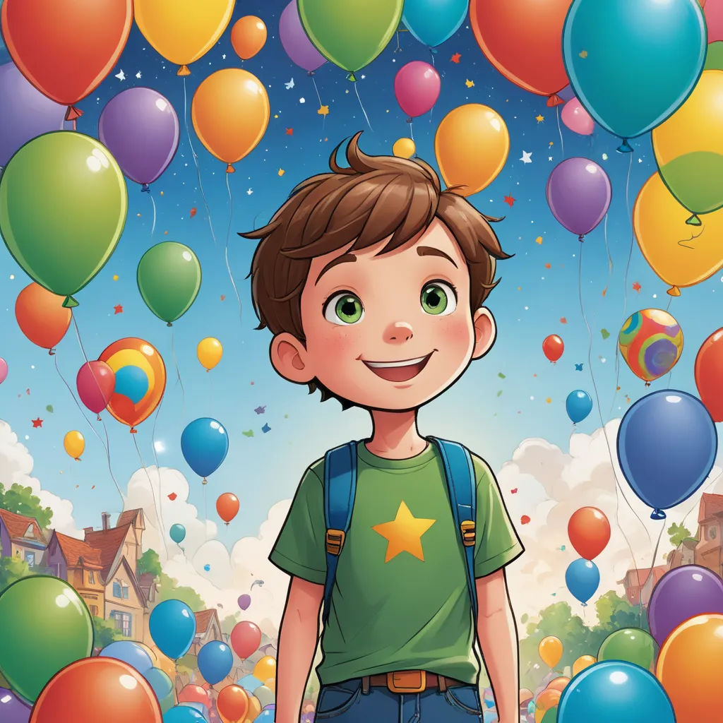 a boy standing in front of a bunch of balloons with a star on his shirt and a backpack on his back, sots art, a storybook illustration, Diego Gisbert Llorens, comic cover art