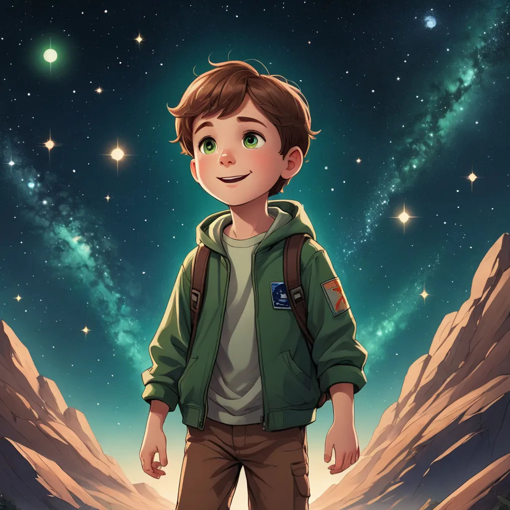 a boy in a green jacket standing in front of a mountain and stars filled sky with stars in the sky, space art, a storybook illustration, Diego Gisbert Llorens, key art