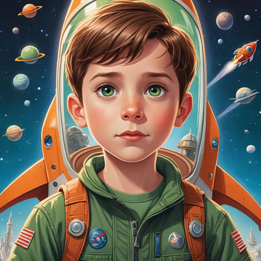 a boy in a green jacket is looking at the camera and has a space shuttle in the background with planets, space art, poster art, Aaron Jasinski, josan gonzales and dan mumford