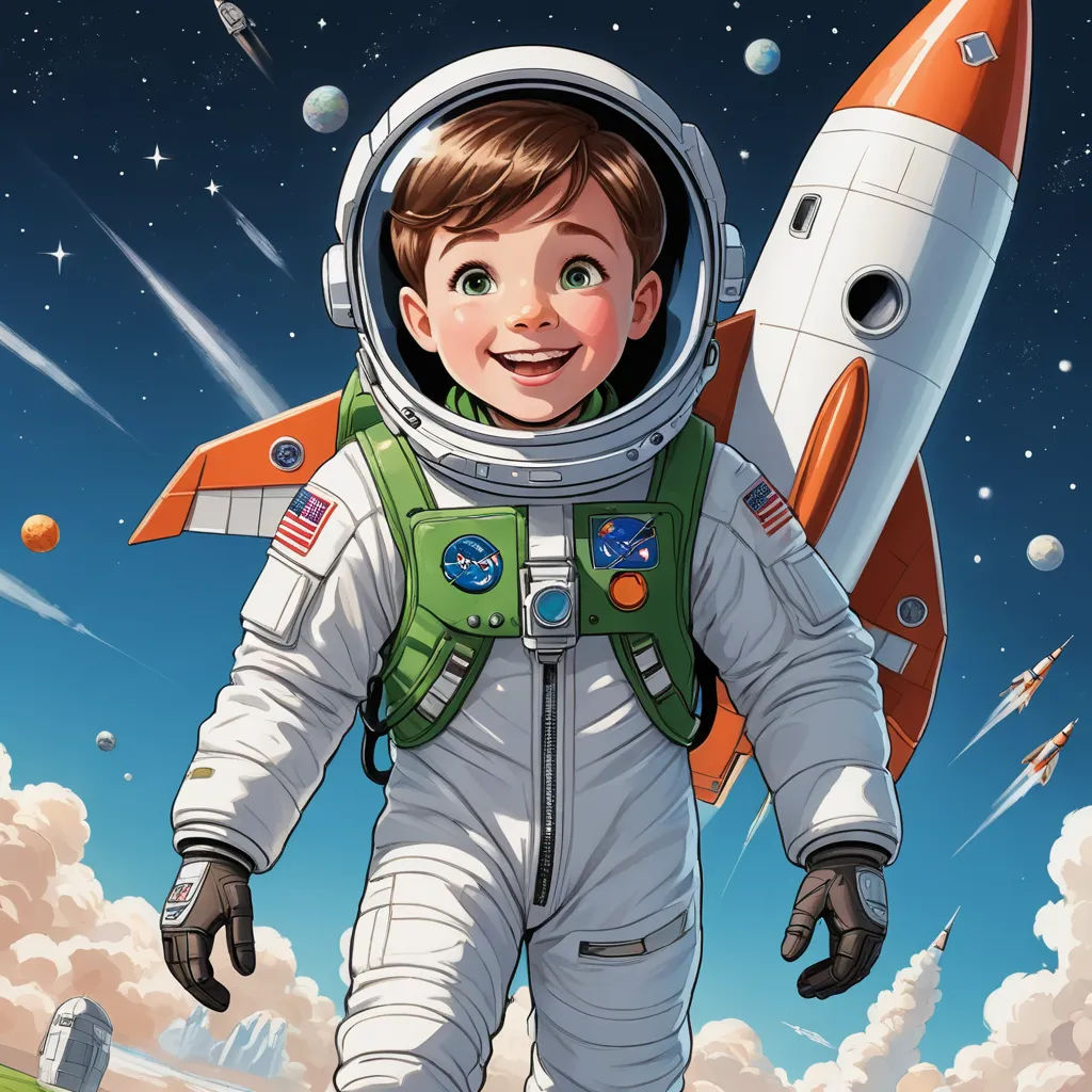 a boy in a space suit is walking towards a rocket ship in the sky with clouds and stars behind him, space art, a storybook illustration, Aaron Jasinski, yukito kishiro