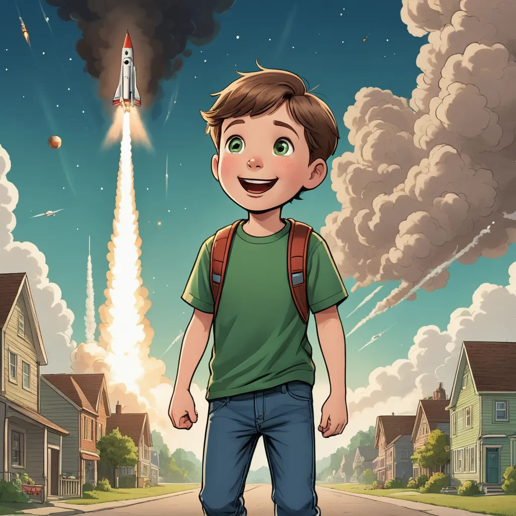 a boy standing on a street with a rocket in the sky above him and a house in the background, space art, a storybook illustration, Cliff Childs, comic cover art