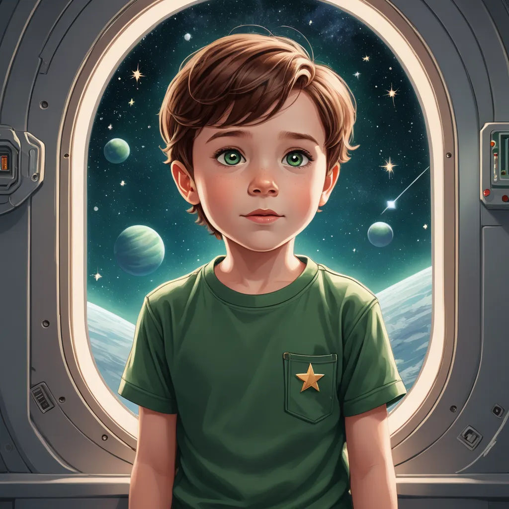 a boy in a green shirt looking out of a window at the earth and stars in the sky with a space shuttle in the background, space art, a storybook illustration, Aaron Jasinski, trending on art station