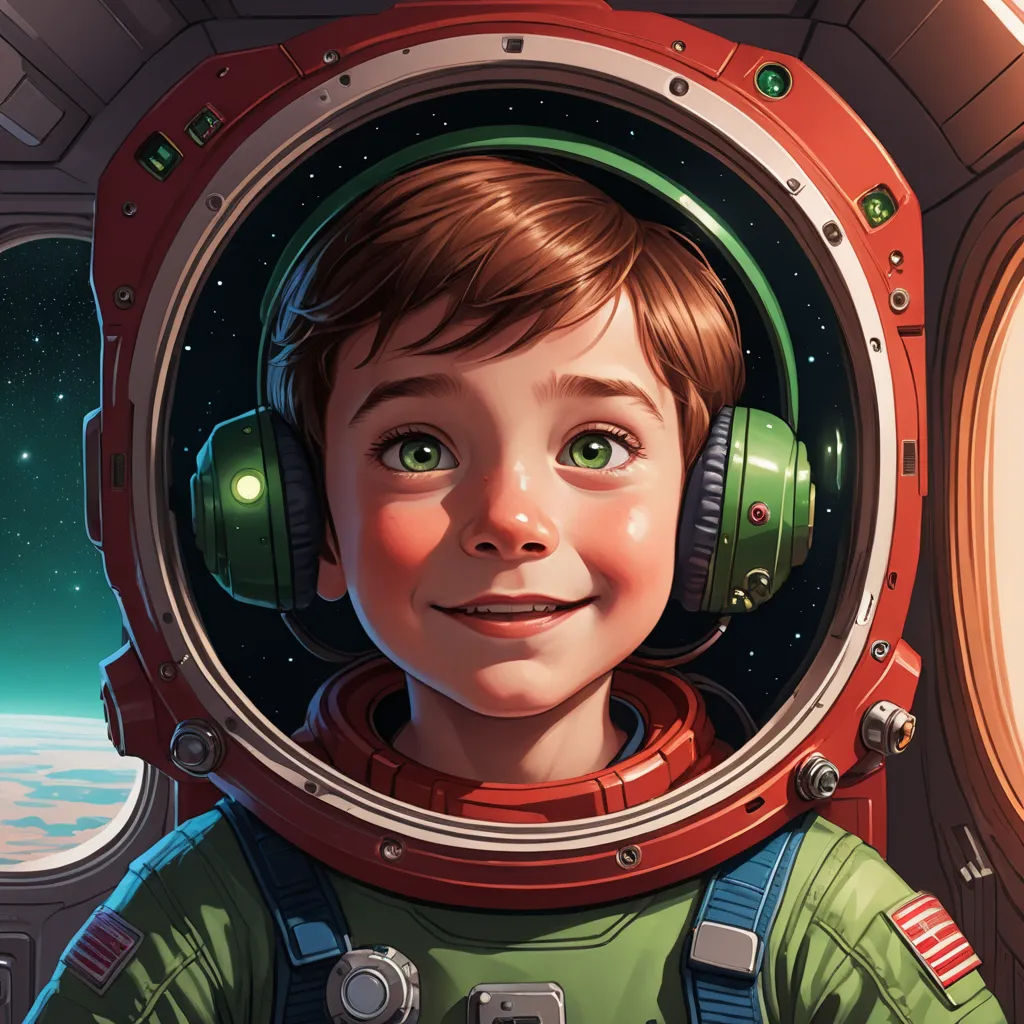 a boy in a space suit with headphones on looking out of a window at the earth and a space shuttle, space art, a storybook illustration, Aaron Jasinski, highly detailed digital painting
