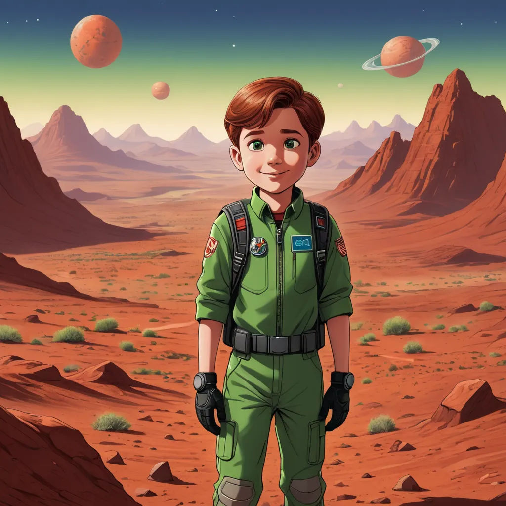 a cartoon boy in a green space suit standing in a desert landscape with planets in the background and a distant sky, space art, a storybook illustration, Barclay Shaw, promotional image