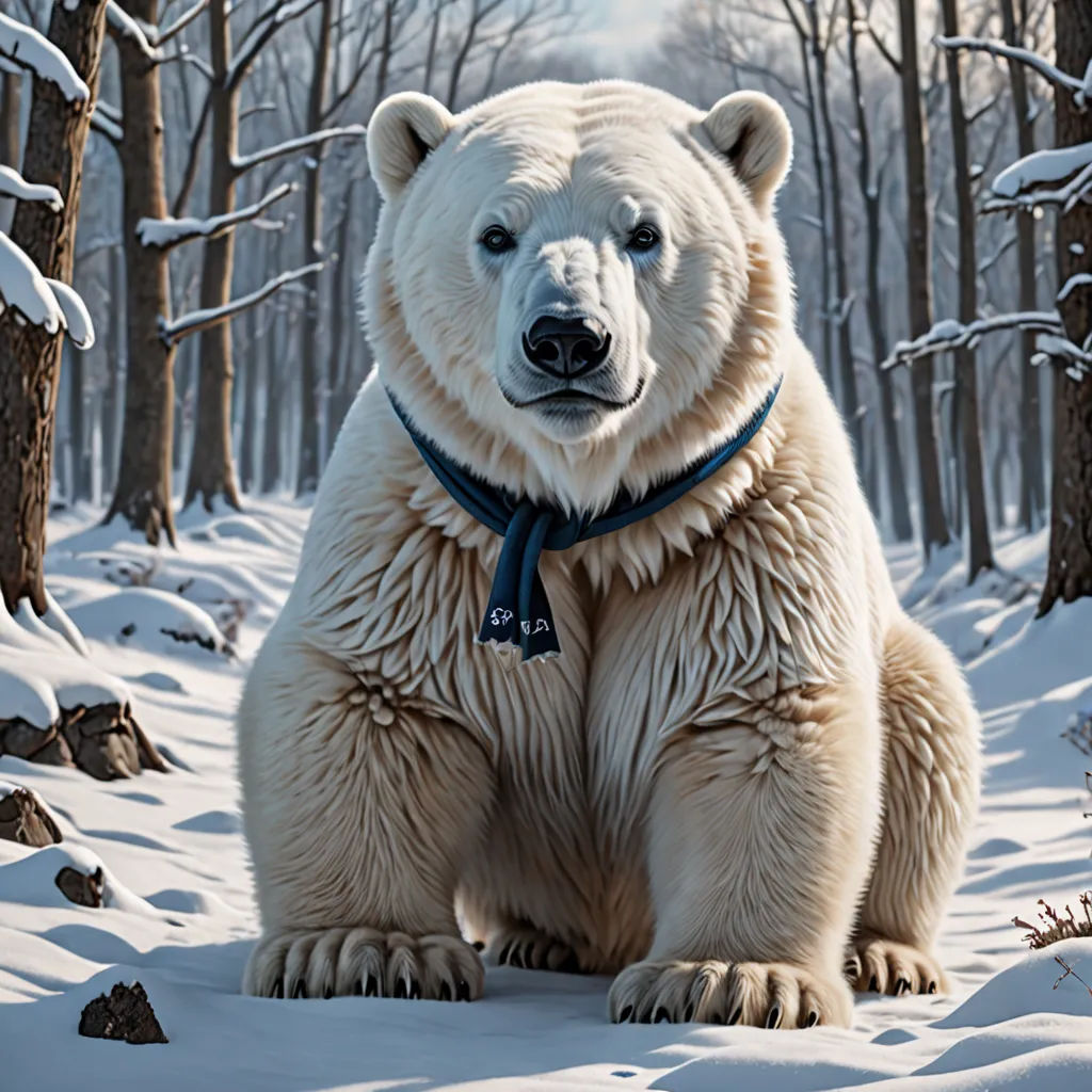 a polar bear sitting in the snow in a forest with trees and snow covered ground and a blue collar, photorealism, a photorealistic painting, Chris LaBrooy, highly detailed digital painting