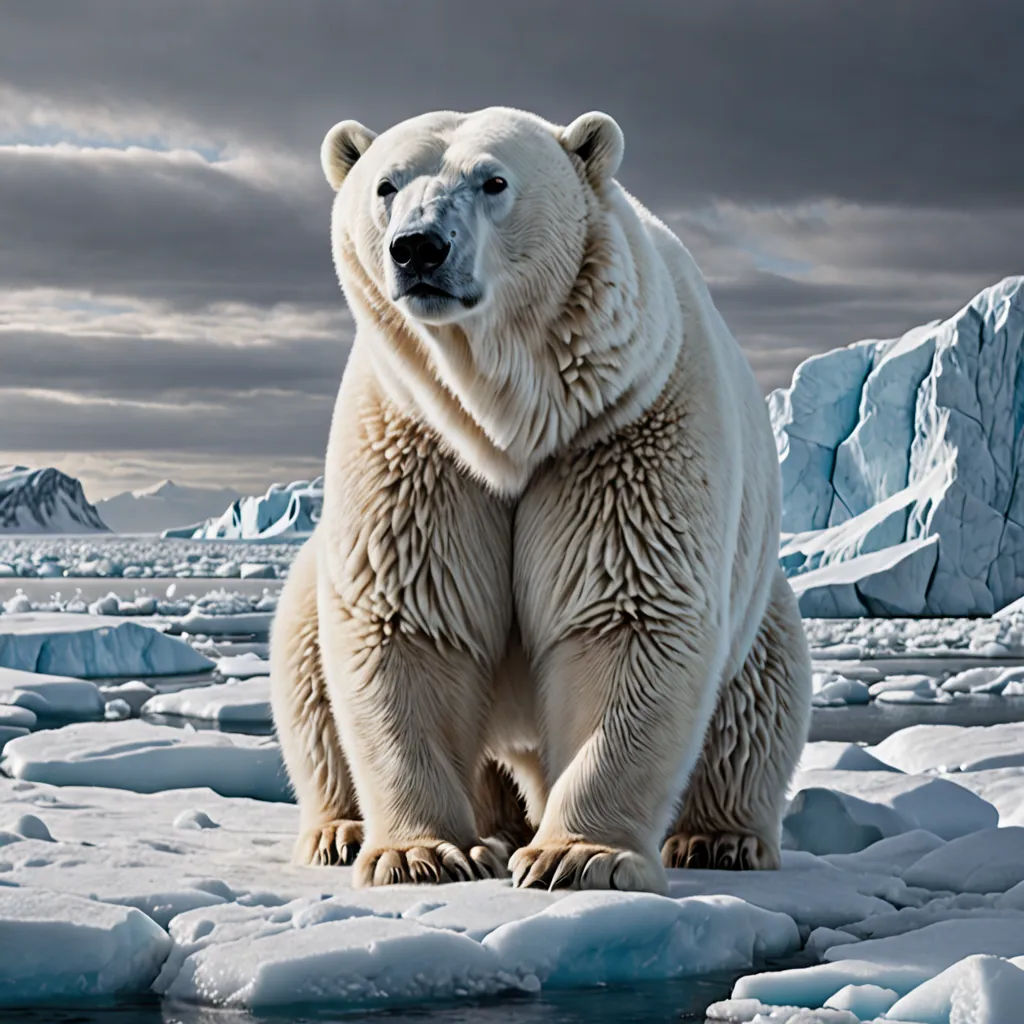 a polar bear sitting on top of ice floes with a cloudy sky in the background and a few ice chunks in the foreground, ecological art, a photorealistic painting, Arie Smit, award-winning photograph