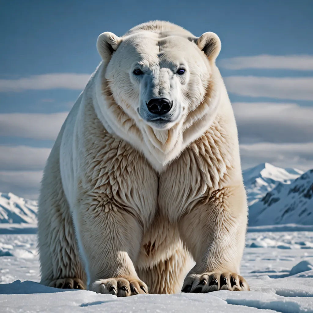a large white polar bear standing on top of snow covered ground with mountains in the background and a blue sky, computer art, a character portrait, Arie Smit, wildlife photography