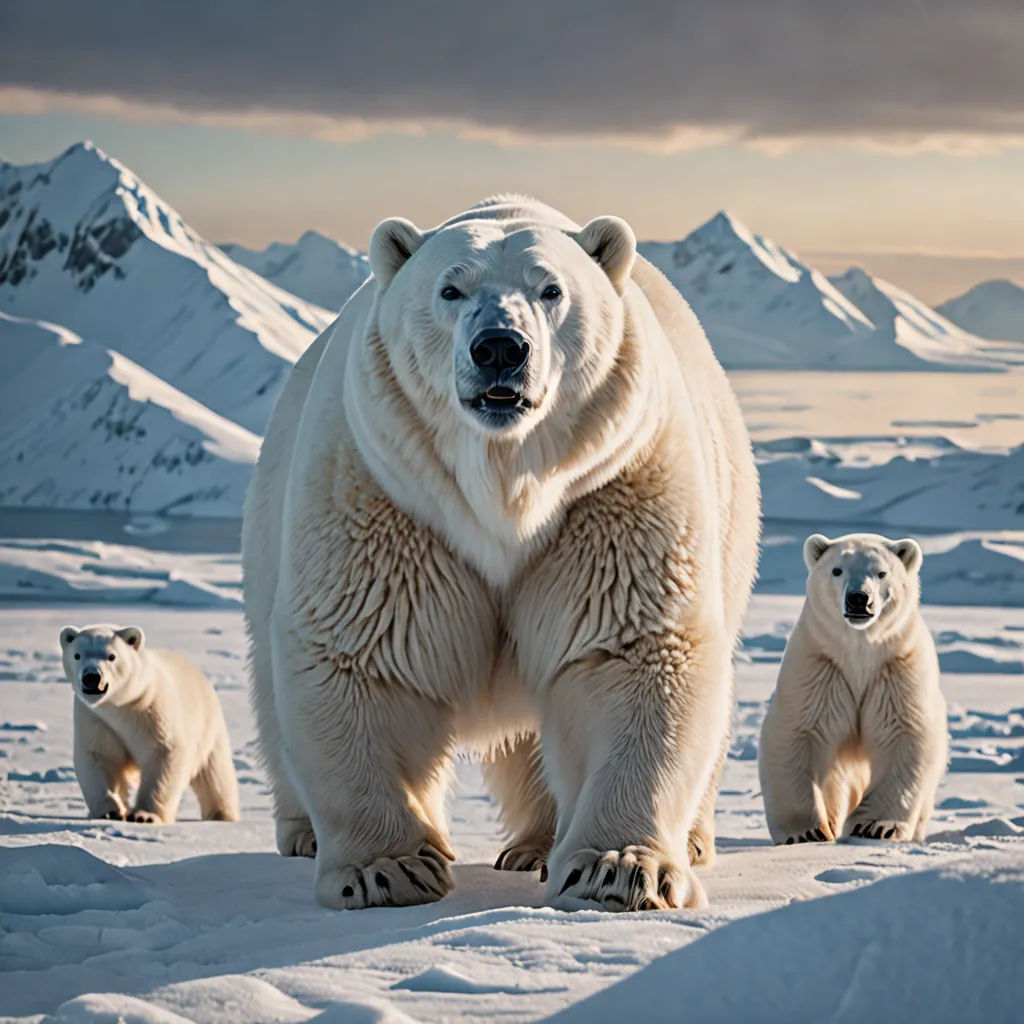 a polar bear with two cubs on a snowy field with mountains in the background and a cloudy sky above, art photography, a stock photo, Art Brenner, wildlife photography