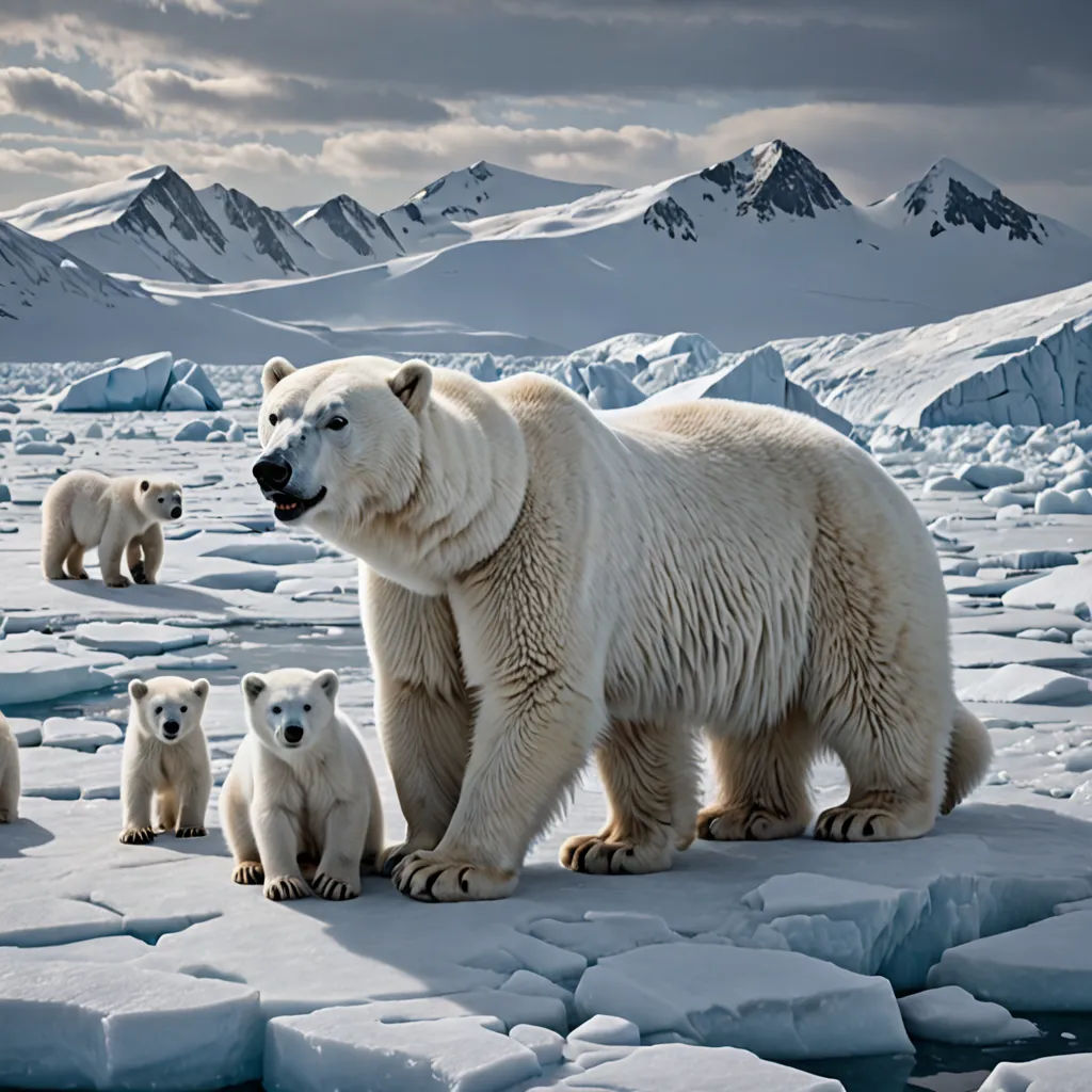 a polar bear with her cubs on an ice floer with mountains in the background and cloudy sky, environmental art, a jigsaw puzzle, Art Brenner, wildlife photography