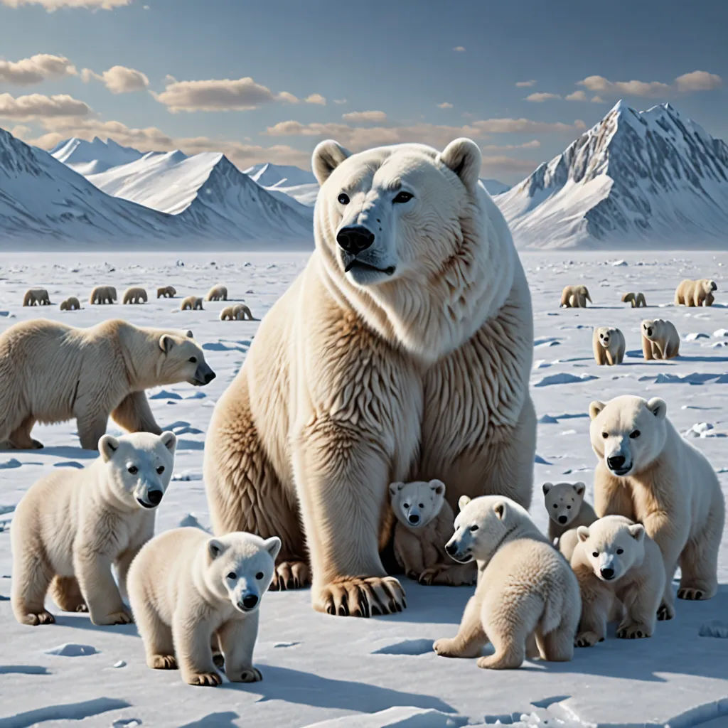 a large polar bear with her cubs in the snow with mountains in the background and clouds in the sky, environmental art, a detailed matte painting, Art Brenner, wildlife photography