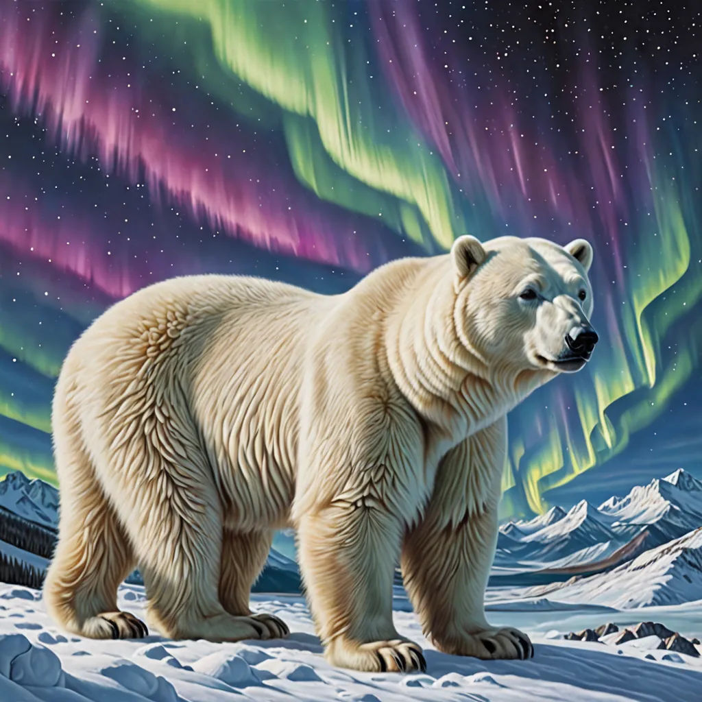 a polar bear standing on a snowy hill under the aurora bores in the sky above a mountain range, furry art, an airbrush painting, David A Hardy, highly detailed digital painting